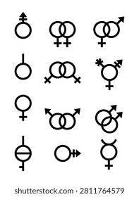 Gender wedlock symbols isolated on black background. Vector male, female, transgender, gay, bisexual and other orientation signs. Set black outline icons. Simple illustration. Sexual concept.
