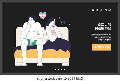 Gender-affirming therapy negative experience web or landing. Trans man sexual problems or intimacy insecurity. Body image discomfort or transphobic partner. Flat vector illustration