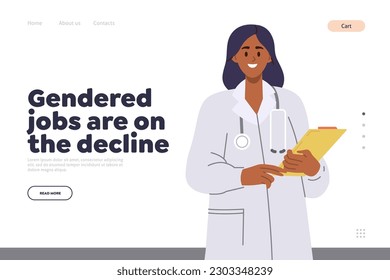 Gendered jobs on decline concept for landing page design template with happy woman doctor character