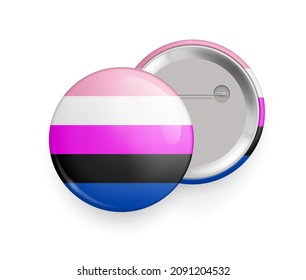 Genderfluid flag round glossy metallic 3d badge mockup. Lgbtq flag, official symbol of genderfluid community. Front and back side of pin button realistic vector illustration