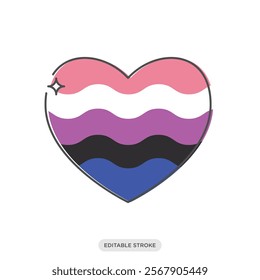 Genderfluid icon. Pride love rainbow flags. Heart shaped sticker. LGBT symbol sign.