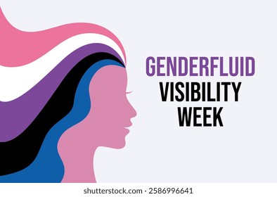 Genderfluid Visibility Week poster vector illustration. Female head in profile with long rainbow hair icon. LGBT genderfluid pride flag symbol. Template for background, banner, card. October.