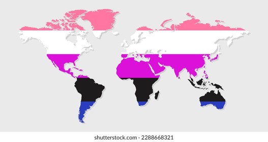 Genderfluidity pride flag in a shape of World map. Flag of gay, transgender, bisexual, lesbian etc. Pride concept