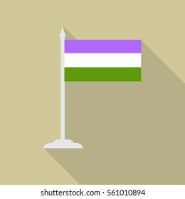 Gendergueer (Non-Binary) pride LGBT flag with flagpole flat icon with long shadow. Vector illustration EPS10.