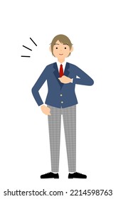 Uniforme sin género, sin ostentación, golpeando confiadamente su pecho
