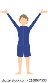 Genderless student, in Genderless swimsuit,Hailing gesture with outstretched arms