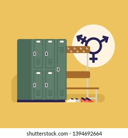 Gender-neutral locker room concept vector illustration. Inclusive gym dressing room  with lockers, bench and gender neutrality symbol