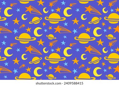Gender-Neutral Nursery Cute Patterns Hand-drawn Sky Crescent Moon, Stars, Shooting Star, Saturn Perfect for kids' fabric, textile, and nursery wallpaper. Vector illustration.