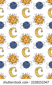 Gender-neutral nursery cute patterns sky crescent moon, planets, stars. Vector seamless pattern.