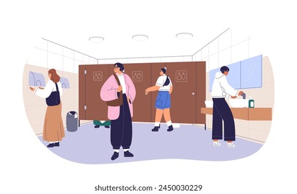 Gender-neutral public toilet. People in unisex restroom, closet for men and women. Characters in WC cabins, waiting, drying and washing hands. Flat vector illustration isolated on white background