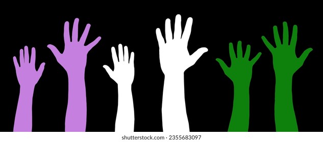 Genderqueer flag colors painted hands raised. Gay pride symbol