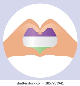 indicador de género, icono redondo aislado. Ilustración de material vectorial plano. Manos con corazón, bandera de género. Concepto de personas de género. Ilustración como emblema, logotipo, icono, orientación sexual