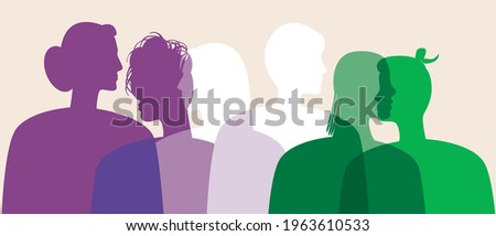 Genderqueer people, non-binary people. Silhouette vector stock illustration. Genderqueer as a LGBTQ community, triggered, binary, agender. People's faces in profile. Isolated illustration