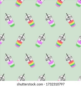 Genderqueer seamless pattern with smoothie cups colored like pride flags. Vector background or texture.