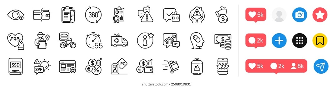 Genders, Coins banknote and Farsightedness line icons pack. Social media icons. Gas station, Inspect, Ssd web icon. Payment methods, Ambulance car, Medical analyzes pictogram. Vector