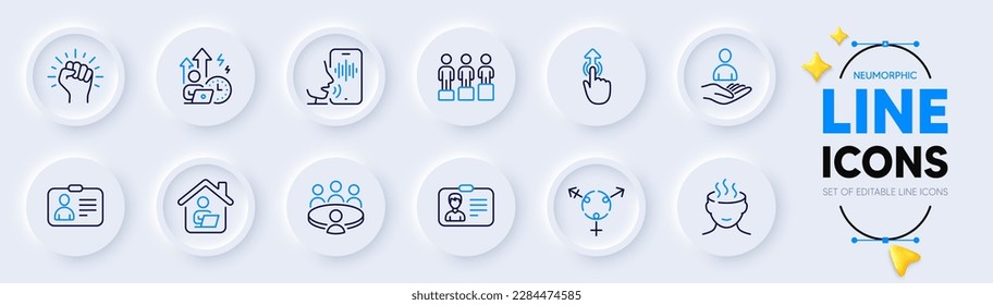 Genders, Stress and Difficult stress line icons for web app. Pack of Work home, Equity, Meeting pictogram icons. Empower, Recruitment, Id card signs. Identification card, Voicemail, Swipe up. Vector