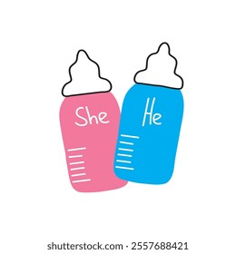 Gender-themed pink and blue baby bottles.