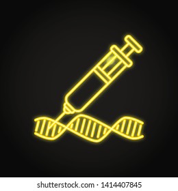 Gene changing icon in neon line style. Bioengineering concept symbol. DNA spiral and syringe. Vector illustration.