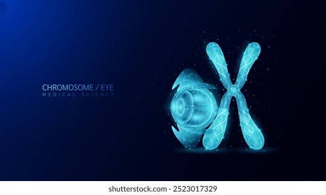 Gene chromosome and eye. Genetic synthetic biology cell DNA. Anatomy organ polygonal blue glowing on dark background. For medical science work. Vector EPS10.