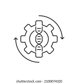 Gene Editing Like Thin Line Dna And Gear Icon. Concept Of Error Correction Or Molecule Cloning Or Sequencing. Flat Linear Trend Modern Logotype Graphic Stroke Design Isolated On White Background