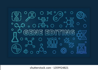 Gene Editing vector blue outline horizontal banner on dark background