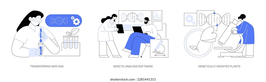 Gene engineering abstract concept vector illustration set. Transferring new DNA in laboratory, genetic analysis software, genetically modified plants, molecular diagnostic abstract metaphor.