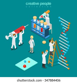 Gene engineering chemical pharmaceutics flat 3d isometry isometric concept web vector illustration. Genetic lab micro people syringe DNA chain test tube pipette doctor. Creative people collection.