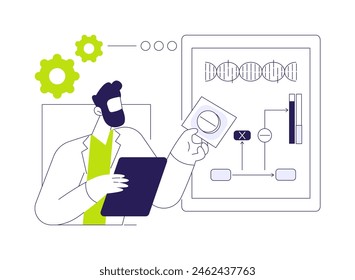 Vektorillustration des abstrakten Konzepts der Genhemmungstherapie. Arzt mit Tablette beschäftigt sich mit blockierenden Gen, medizinische Genetik, Behandlung von Infektionskrankheiten, therapeutischer Ansatz abstrakte Metapher.