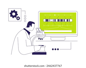 Ilustración vectorial de concepto abstracto de mapeo génico. Científico en laboratorio hace la secuenciación del genoma bajo el microscopio, genes en el examen de cromosomas, trastornos hereditarios metáfora abstracta.