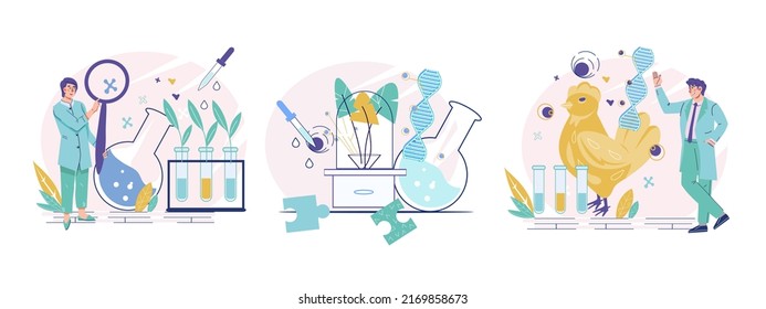 Gene modification of animals and plants and bioengineering. Banners depicting scientists creating genetically modified foods to fight hunger and increase crops and food security, flat vector isolated.