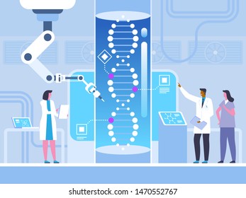 Gene modification flat vector illustration. Doctors, scientists with assistant cartoon characters. Futuristic medicine, biotechnology, genetic engineering. Human genome study, laboratory experiment