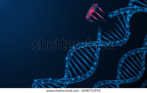 Gene mutation,\
damage to a part of a cell\'s DNA. Polygonal construction of lines\
and points. Blue\
background.