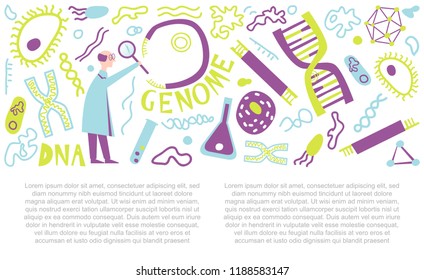 Gene research hand drawn vector elements. DNA nano technology signs in cartoon style.