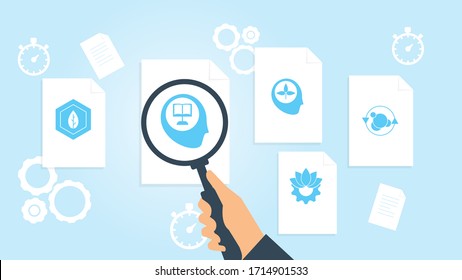 Gene, science, atom file, document research vector illustration. Document with search icons. File and magnifying glass. Analytics research sign. Vector Illustration