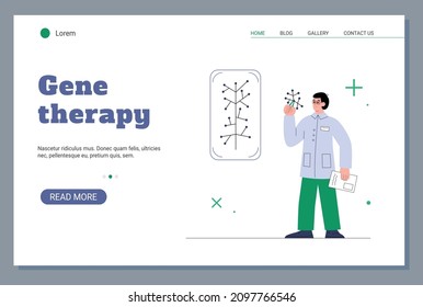 El sitio web de biotecnología de terapia genética se burla del biólogo o ingeniero genético en laboratorio, ilustración de vector de dibujos animados planos. Tecnología de modificación de genes y ADN.