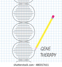 Gene therapy concept. Vector illustration of DNA helix erased and drawn by pencil on paper from school notebook