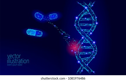 Gene therapy DNA 3D chemical molecule structure low poly. Polygonal triangle point line healthy cell part. Innovation blue medicine genome engineering vector illustration future business technology