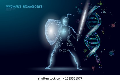 Gene therapy DNA 3D chemical molecule structure low poly. Polygonal triangle point line healthy cell part. Innovation blue medicine genome engineering vector illustration future business technology