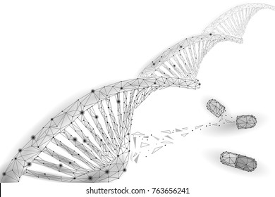 Gene therapy DNA 3D chemical molecule structure low poly. Polygonal triangle point line healthy cell part. Innovation medicine genome engineering vector illustration future business technology