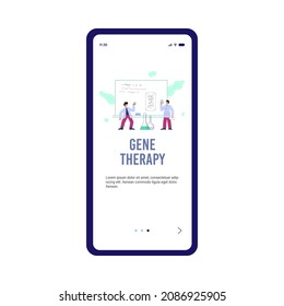 Gene therapy and genetic biotechnology medical research onboarding page layout, flat cartoon vector illustration. Biomedicine engineering and DNA researches.