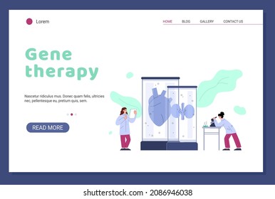 Gene therapy, genetic research in bioengineering laboratory, genetically modified technologies in flat vector illustration isolated on white. Horizontal banner with researchers experimenting