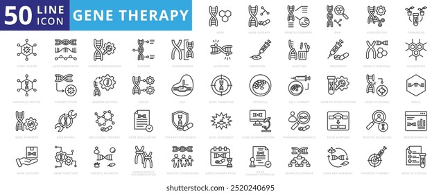 Conjunto de iconos de terapia génica con terapia, trastorno genético, ADN, edición, transgen, vencedor viral, no transferencia, entrega y expresión.