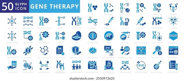 Gene therapy icon set of mrna, genetic, delivery, science, dna, engineering, treatment, molecular, material, disorder, chromosome, diversity, genome, mutation, regulation, resistance, counseling