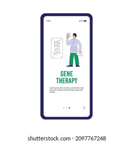 Gene therapy onboarding mobile app screen, flat cartoon vector illustration. Gene modification biotechnology for medical needs and agriculture concept.