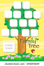 Genealogical cartoon tree in summer, vector illustration