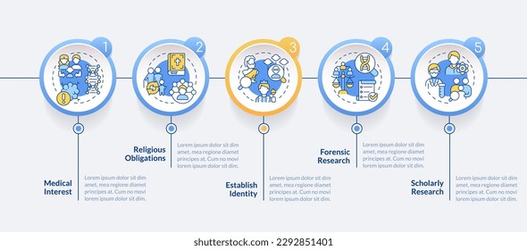 Genealogical research motivation blue circle infographic template. Data visualization with 5 steps. Editable timeline info chart. Workflow layout with line icons. Lato-Bold, Regular fonts used