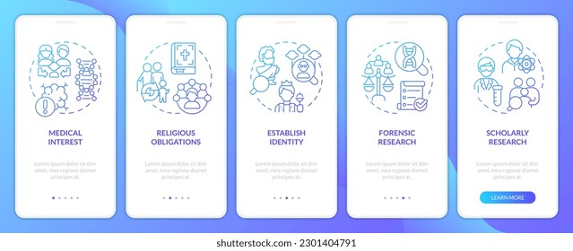 Genealogische Forschungsmotivation blauer Farbverlauf auf dem mobilen App-Bildschirm. 5-stufige grafische Anleitungen mit linearen Konzepten. UI, UX, GUI-Vorlage. Myriad Pro-kühne, Standardschriftarten verwendet