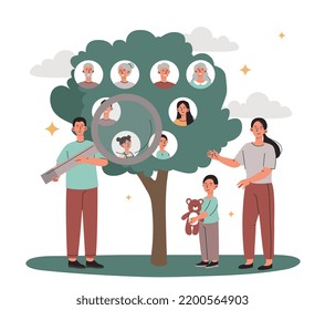 Genealogical tree concept. Parents tell their child about grandparents. Relatives and history of family members. Plant with portraits. Tradition and culture. Cartoon flat vector illustration