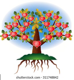 Genealogical tree of family. Oak tree with background of blue sky. Concept for cards, tickets, branding, logo, label, background. Vector illustration.  It Can be used for flayers, banners, posters.