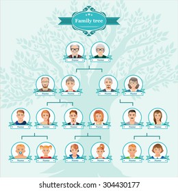 Genealogical tree of your family.
Family tree with icons of people. Vector illustration. 
Vintage style for retro design.